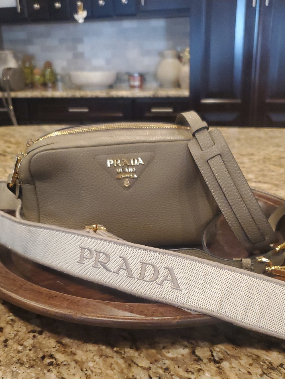 Prada Taupe Pebbled Leather Crossbody Camera Bag with Two Strap.